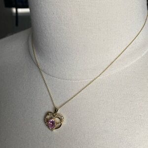 Gold Heart Pendant Necklace with Pink Stone